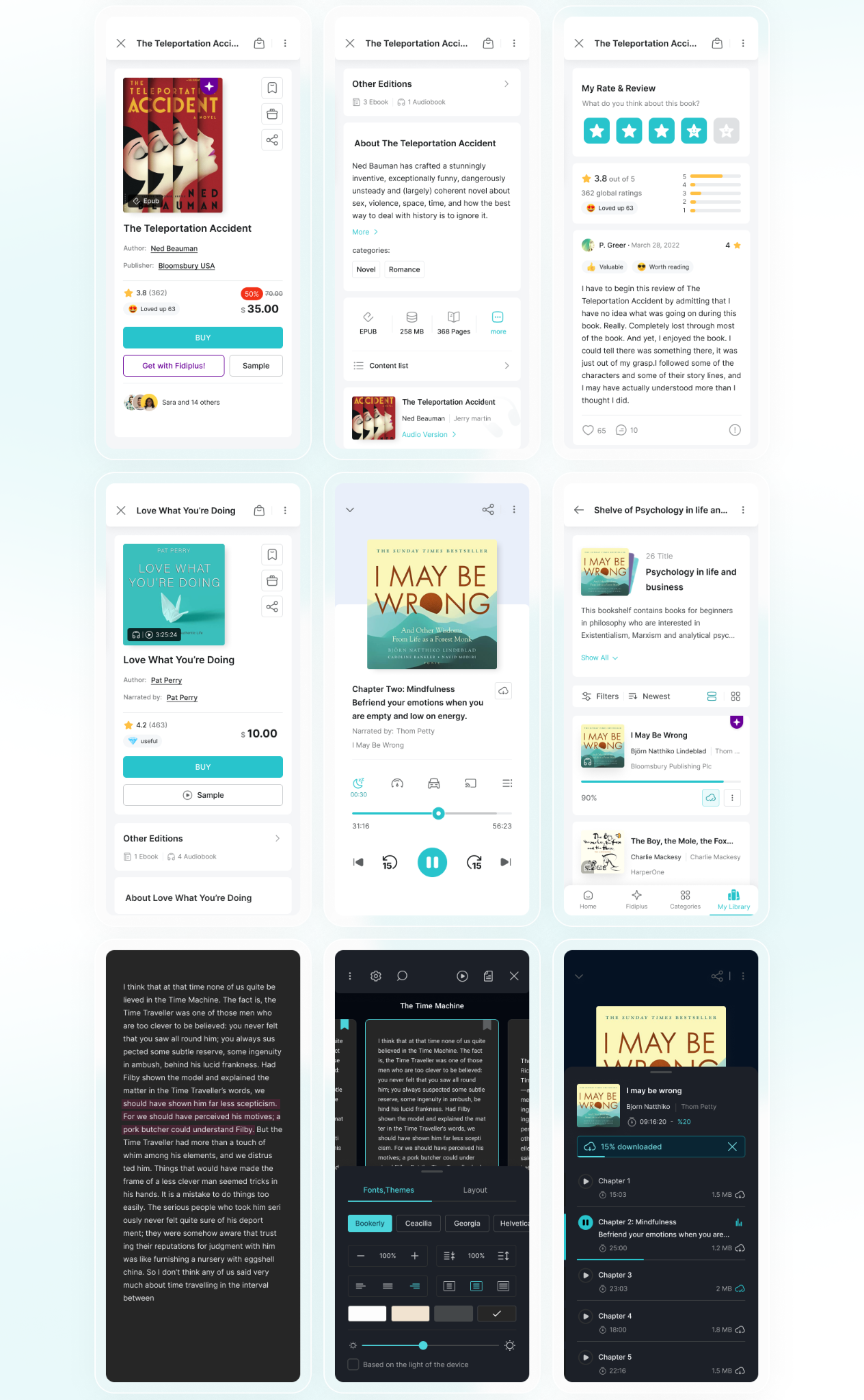 Original Fidibo design montage showing book details, audio, shelves, and Reader screens