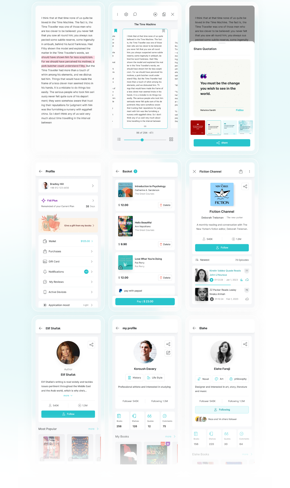 Original Fidibo design montage showing Reader, quote sharing, commerce, and profile concepts