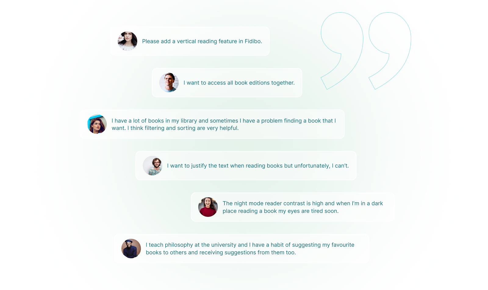 Original anonymized Fidibo user statements about discovery, editions, library organization, and reading