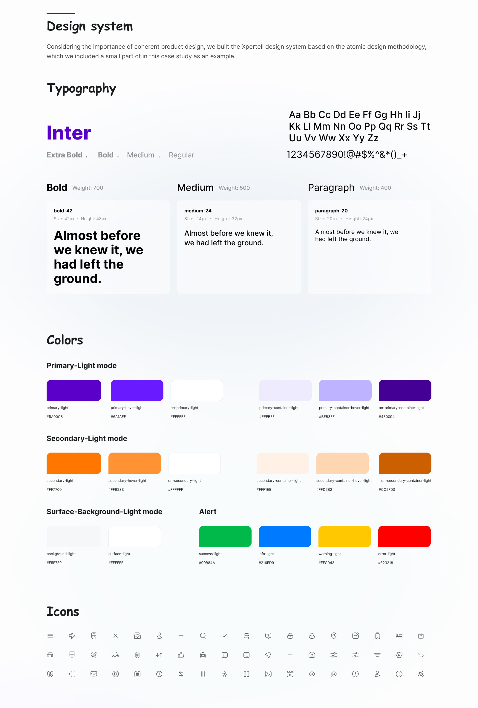 Original Xpertell design-system foundations showing typography, colors, and iconography