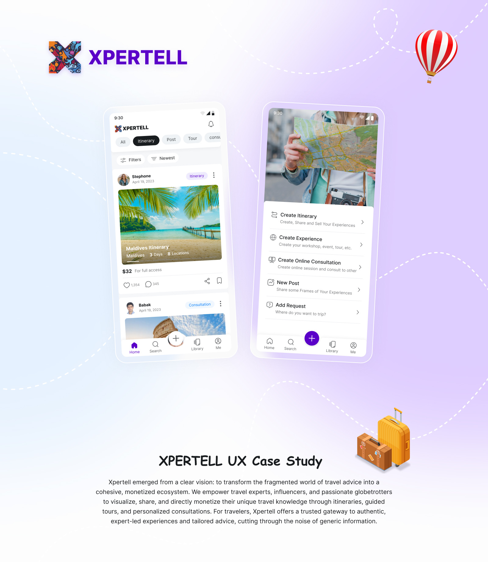 Original Xpertell case-study cover with two travel marketplace screens
