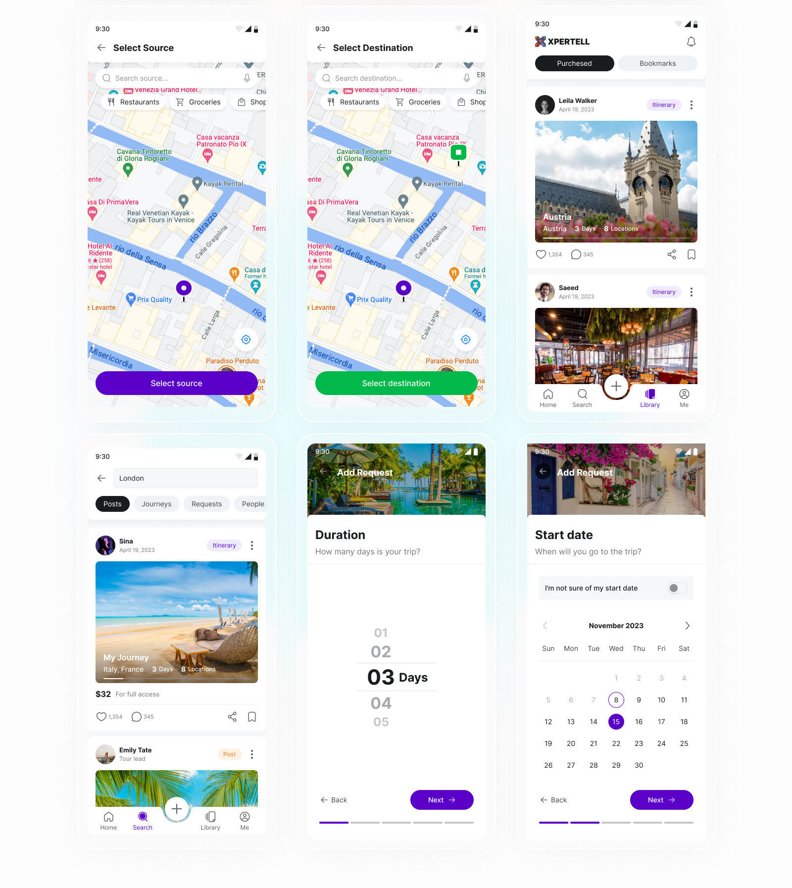 Original Xpertell map-based itinerary planning, library, and travel request concepts
